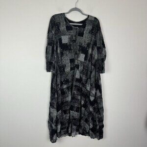Comfy USA Black White Lagenlook Patchwork Midi Dress Size XL 3/4 Sleeve